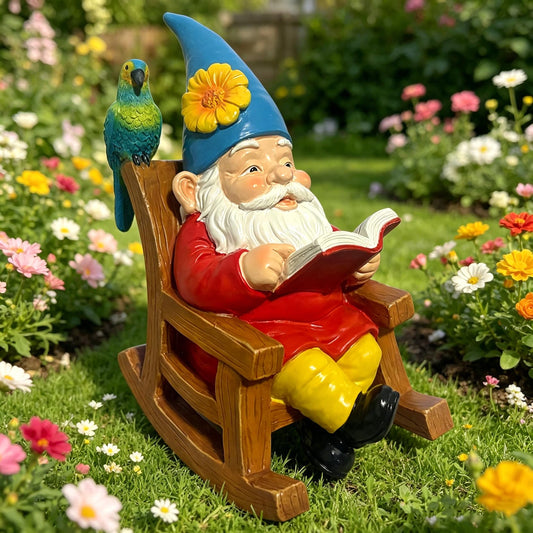 Wlcbomuoe Reading Garden Gnome Statue Decoration, Resin Gnome Sitting on Rocking Chair with Book for Lawn Patio Yard Outdoor Decor, Whimsical Garden Sculpture Gift for Women and Men (Gnome-D)