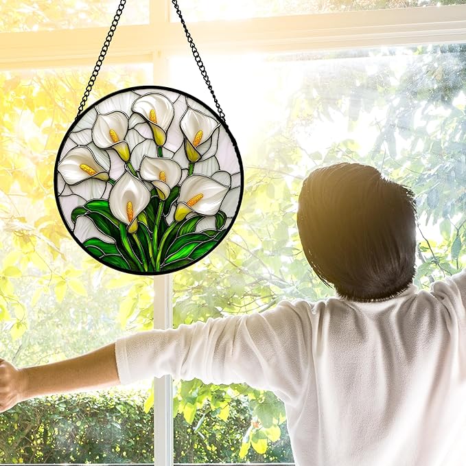 Stained Glass Window Hanging, White Calla Lily Suncatcher Diamond Glass Panel Hangings Flowers Sun Catchers Decor for Birthday for Women, Men, Wife, Aunt, and Mom 11.8x11.8 in