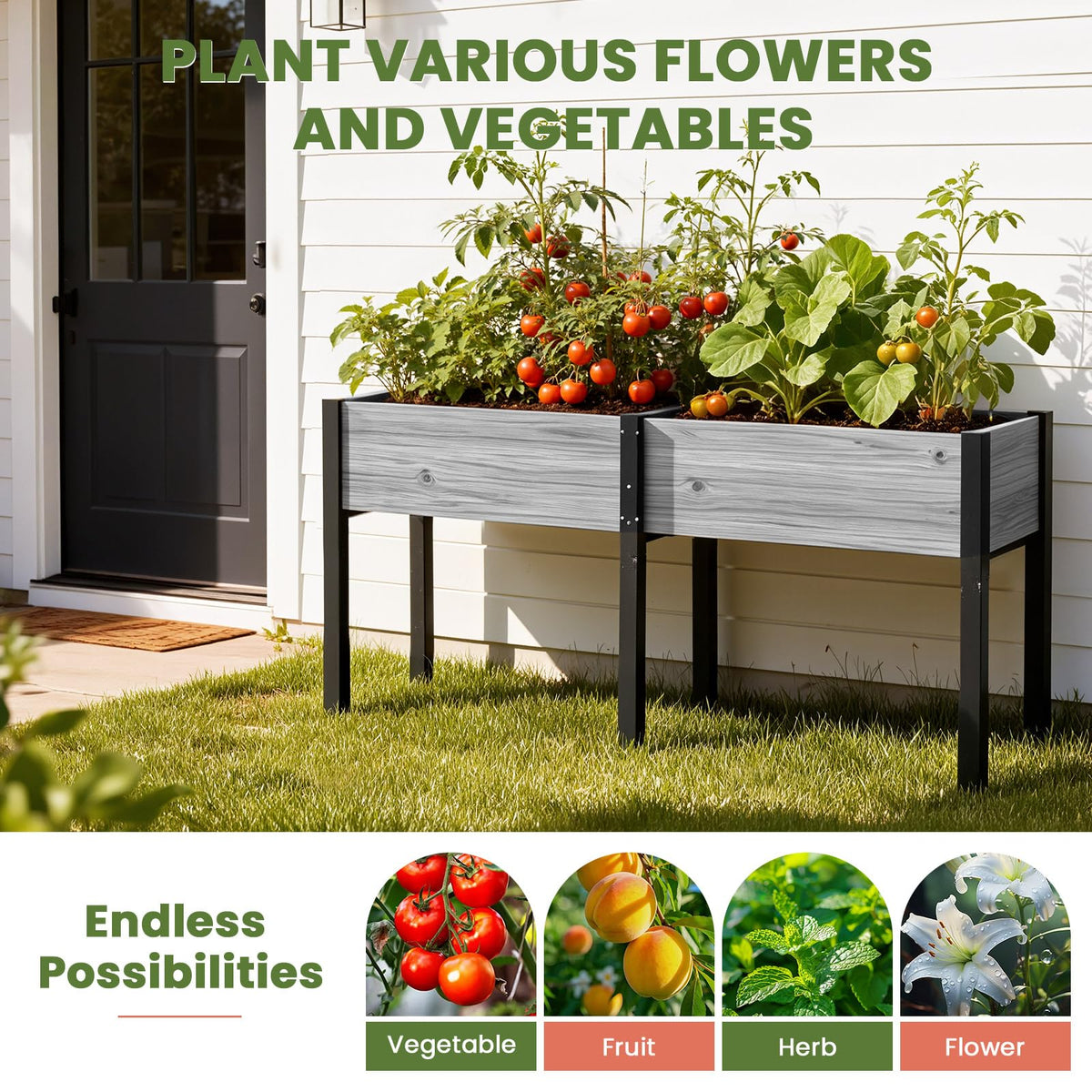 SUNYRISY Dual Wooden Raised Garden Bed Outdoor with Metal Legs