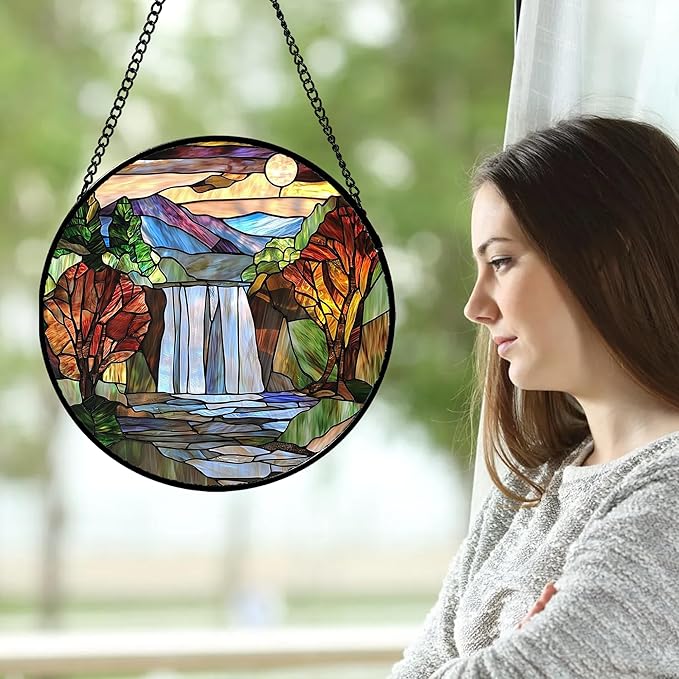Stained Glass Window Hanging, Abstract Landscape Waterfall Mountains Trees Suncatcher for Doors Window Home Sun Catchers Decor Mother's Day Birthday Gifts for Women Men Mom 9.8 in