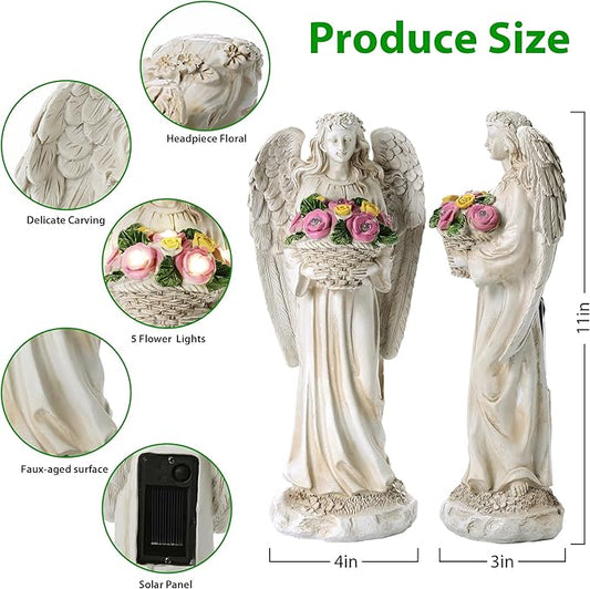 Solar Angel Garden Statue Outdoor Holding Flowers, 11.2in Waterproof Garden Figurines for Patio, Balcony, Lawn, Yard or Outdoor Garden Decoration