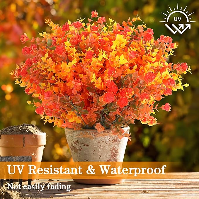 AGIRL 12 Bundles Artificial Fall Flowers Outdoor Indoor Decoration,No Fade Autumn Fake Plastic Plants with Eucalyptus Leaves,Faux Mums for Thanksgiving Garden Front Door Porch Patio Fall Decor