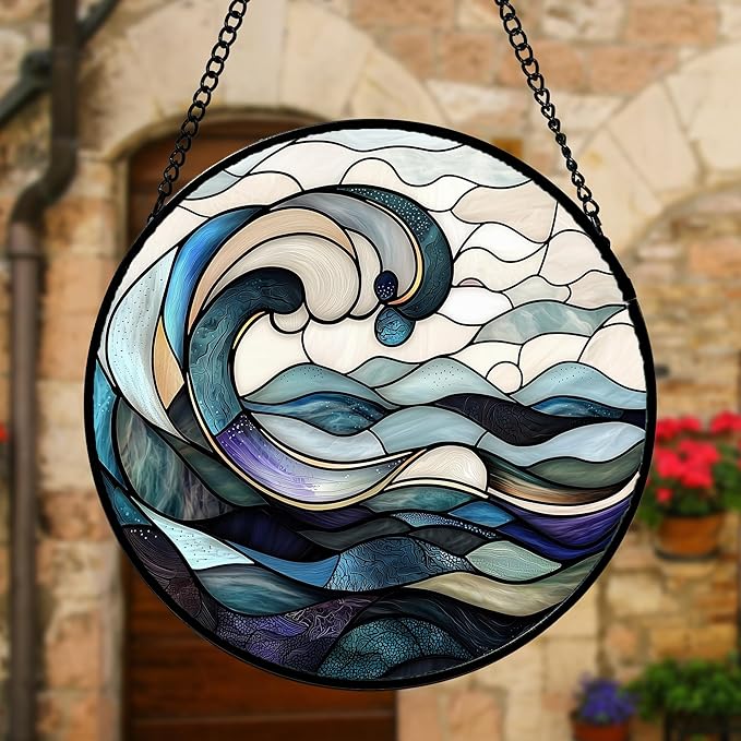 DASTOLL Stained Glass Window Hanging, Ocean Waves Sun Catchers Diamond Glass Panel Hangings Abstract Suncatcher Decor for Birthday for Women, Men, Wife, Aunt, and Mom 11.8x11.8 in