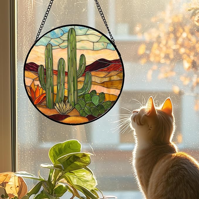 JOSUMALY Stained Glass Window Hanging, Green Cactus Sun Catcher for Door Terrace Garden Home Decor, Abstract Desert Landscape Suncatcher Birthday Gifts for Lovers Women Men Dad Mom Nana 6.3