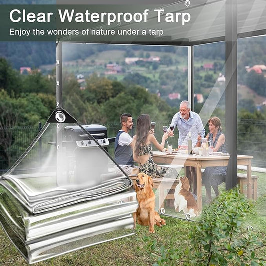 10x12ft Clear Tarp with Grommets Cover,Clear Tarpaulin Tear Waterproof Heavy Duty with Resistant PVC Vinyl Tarps,14mil Reinforced Edges Outdoor Waterproof Tarps,Greenhouse, Patio and Porch