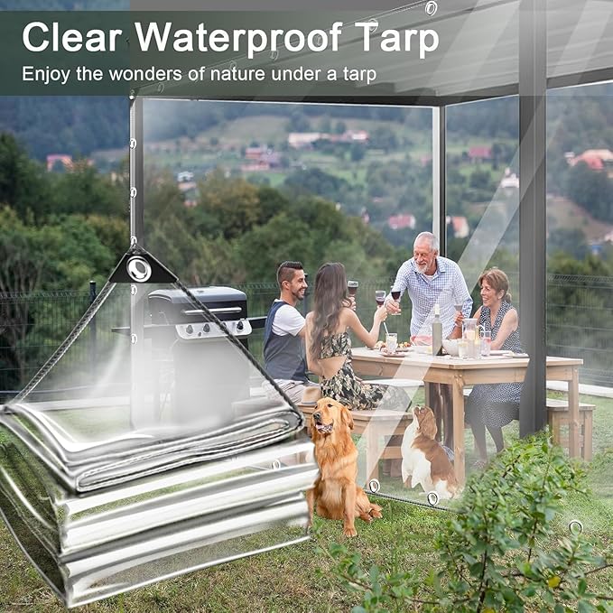 8x20ft Clear Tarp with Grommets Cover,Clear Tarpaulin Tear Waterproof Heavy Duty with Resistant PVC Vinyl Tarps,14mil Reinforced Edges Outdoor Waterproof Tarps,Greenhouse, Patio and Porch