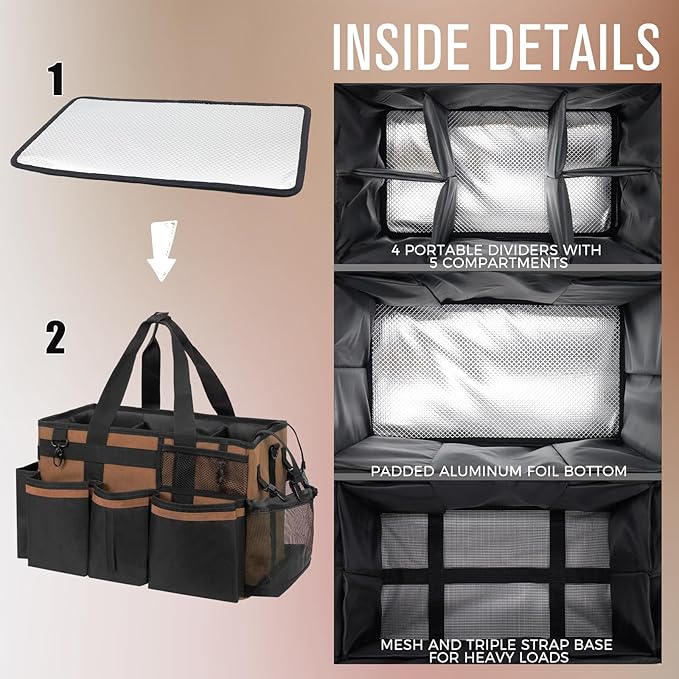 Wearable Cleaning Caddy, Cleaning Caddy Supplies Organizer with Handle & Shoulder Straps for Housekeepers, Under Sink & Car Cleaning Tool Organizers Bag with 4 Foldable Divider (Brown)