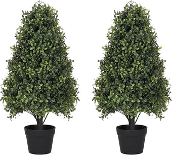 Azoco 30" Boxwood Topiary Trees Artificial Outdoor Set of 2, UV Resistant Faux Plants for Front Porch Planters, Realistic Cone-Shaped Fake Bushes & Shrubs, 2.5ft Evergreen Decoration