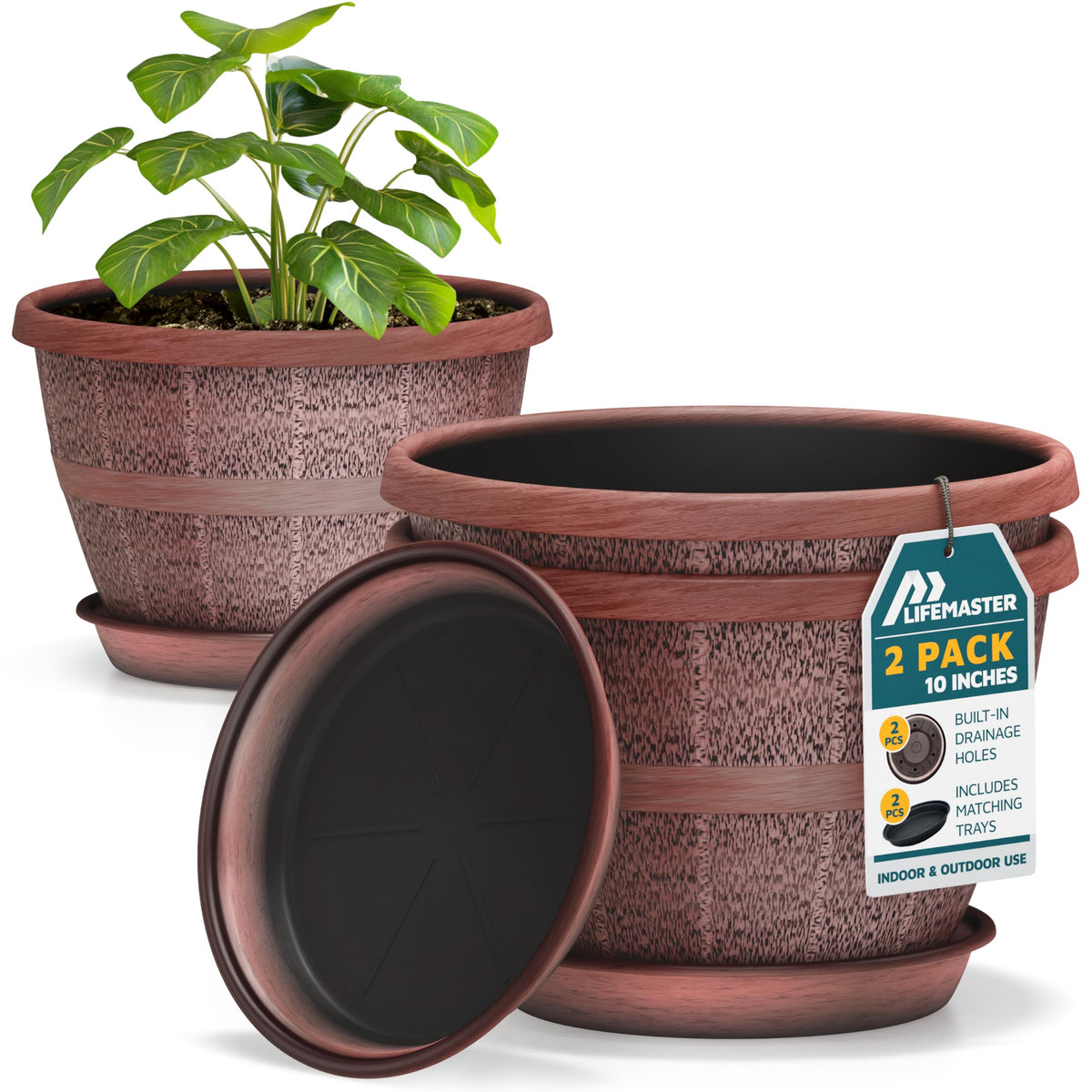 10-Inch Whiskey Barrel Planters Outdoor Pack of 2 - Durable Plastic Plant Pots for Indoor & Outdoor Use with Drainage & Saucer, Lightweight Rustic Barrel Planters for Flowers, Herbs & Small Plants