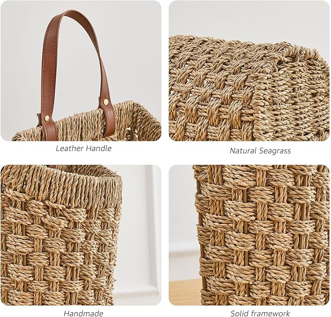 Woven Front Door Basket Seagrass Wall Hanging Basket Decorative Boho Mounted Organizer for Dried Flower Plants Storage Basket for Garden, Home, and Farmhouse Décor