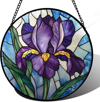 HWRHTR Stained Glass Window Hanging - Iris Birth Flower Suncatcher for Doors Garden Yard Purple Blue Sun Catchers Decor Christmas Mother's Day Birthday Gifts for Teacher Women Mom Nana 7.8 in