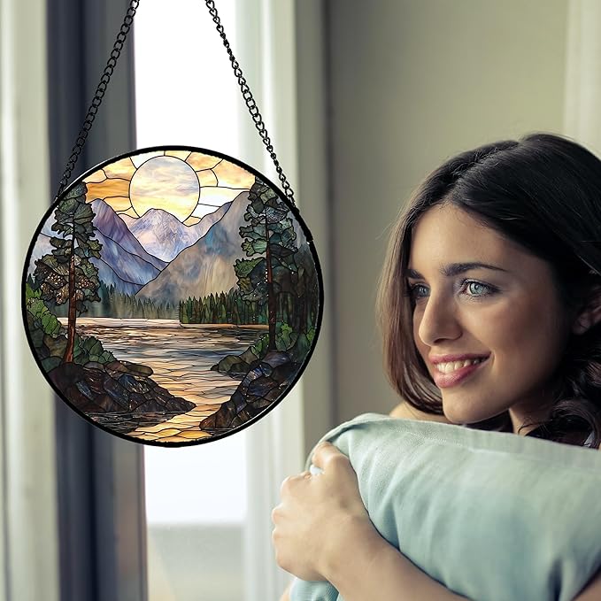 Stained Glass Window Hanging, Sunset Mountains Lake Tree Sun Catcher for Window Home Decor Landscape Suncatcher Mother's Day Birthday Gifts for Women Men Mom and Nana 9.8 in
