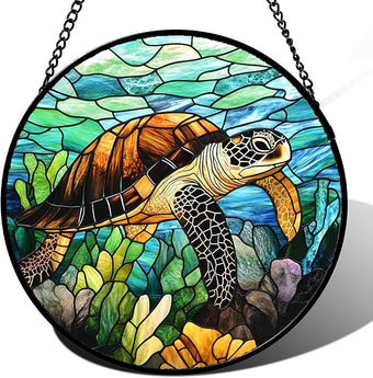 HWRHTR Stained Glass Window Hanging - Cute Sea Turtle Suncatcher for Door Garden Yard Blue Ocean Sun Catchers Decor Christmas Mother's Day Birthday Children's Gifts for Women Mom Nana Friend 15 in