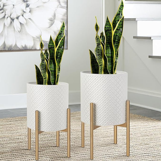 Oakrain Mid Century Planters for Indoor Plants, Metal Plant Set of 2, Modern Decorative Plant Pots for Living Room, Garden, Balcony, White Planters with Glod Plant Stands, 10 inch & 12 inch