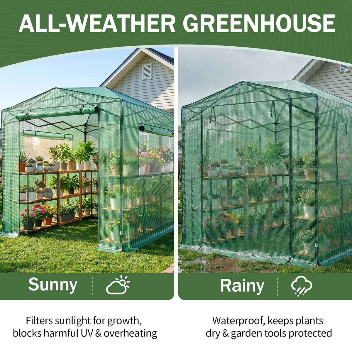 Outvita 6x8ft Greenhouse, Instant Walk-in Pop Up Tent Greenhouse for Indoor Outdoor Gardening Easy Setup Shelter with Roll-up Zipper Entry Doors and Windows