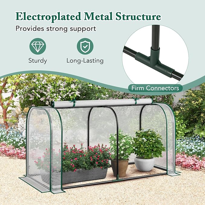Toolsempire Raised Garden Bed with Greenhouse, Waterproof Sun-Protective Green House with Roll-Up Door & Electroplated Metal Frame, Fir Wood Elevated Planter Box with Drainage Holes(White+Natural)