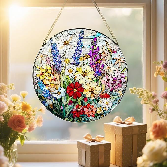 Stained Glass Window Hanging, 8 Inch Wildflower Stained Glass Suncatcher, Suncatchers for Windows Hanging, Wildflower Window Decor, Florist Gift, Flower Lover Gifts, Gifts for Mom, Grandma
