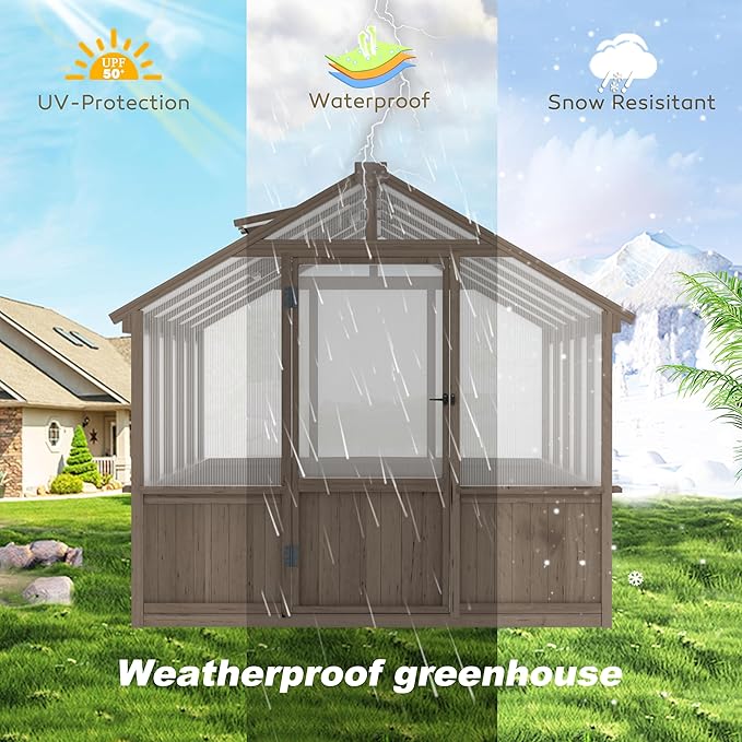MUPATER 8 x 10FT Wooden Greenhouse with 6mm Polycarbonate Panels for UV Protection and Heat Insulation, Adjustable Ventilated Window & Lockable Door, Walk-in Greenhouse for Outdoors, Patio, Backyard