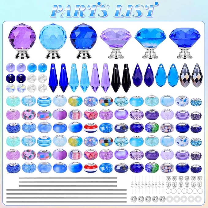 DIY Fairy Wand Garden Stakes Kit, Crystal Beaded Decorative Wands Set, Outdoor Garden Decoration with Assembly Guide (Purple+Aqua+Blue 208 Pcs)