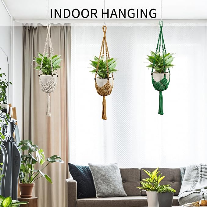 IDEEEPAN Macrame Plant Hanger - Fits 3 to 6 inches Pots for Indoor Outdoor, 35 Inch, Set of 2, Green (POTS NOT Included)