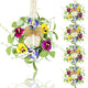 4 PCS Mini Spring Summer Kitchen Cabinet Wreaths Small Pansy Flowers Wreath for Front Door with Fern Branches Ribbon Small Flocked Lamb Ear Leaves Wreath for Indoor Outdoor Farmhouse Porch Wall Decor