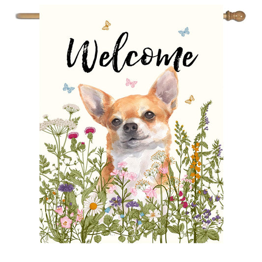 Floral Chihuahua Garden Flag Spring Summer House Flags 28 x 40 Double Sided Flower Dog Yard Flags for Outside Large Outdoor Welcome Flags