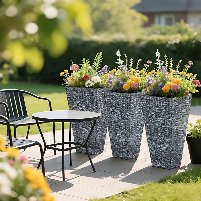 Outsunny Tall Planters for Outdoor Plants Set of 3, 24 in Taper Planters with Drainage Holes, Rattan Decor Plant Pots for Indoor Outdoor Front Porch Patio Backyard, Gray