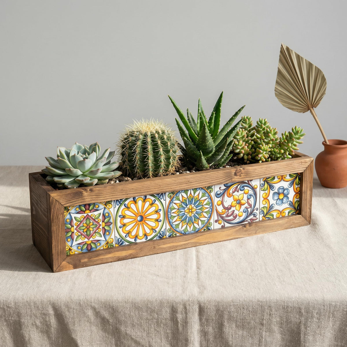MIODUO DECOR 20 Inch Talavera Style Cedar Wood Planter Box, Authentic Mexican Tile Window Sill Container for Succulent Arrangements and Herb Gardens
