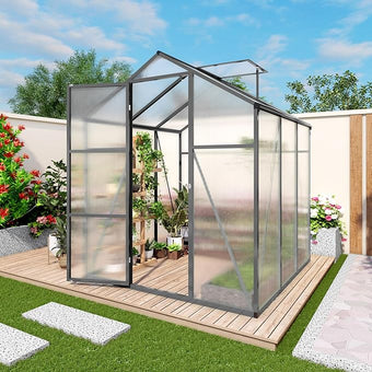 6x6 FT Greenhouse,Outdoor Greenhouse W/ Roof Vent,Walk-in Aluminum Polycarbonate Green House W/ Drainage System & Ground Nails,Green Houses for Outside Garden,Backyard,Patio,Lawn,Black