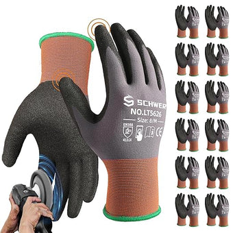 Schwer 12 Pairs Safety Work Gloves Sandy Nitrile Coated LT5626, Max Abrasion Resistant Heavy Duty Working Gloves with Grip for Men Women, Touch-Screen, for General Use, Mechanic, Construction, M