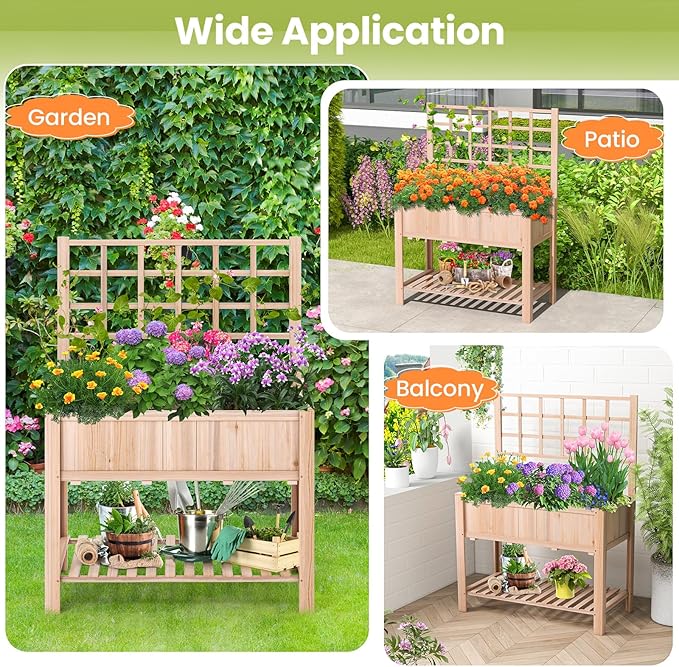 S AFSTAR Raised Garden Bed with Trellis, 42x21x58in Elevated Planter Box with Legs, Bottom Storage Shelf, Planter Liner, Wood Standing Planter Stand for Climbing Plants Flowers Vegetables Herbs
