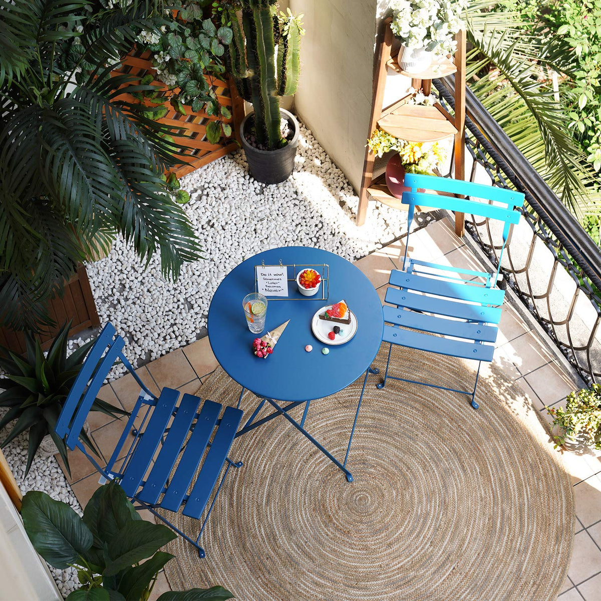 Grand patio 3-Piece Folding Patio Bistro Set Outdoor Porch, Peacock Blue
