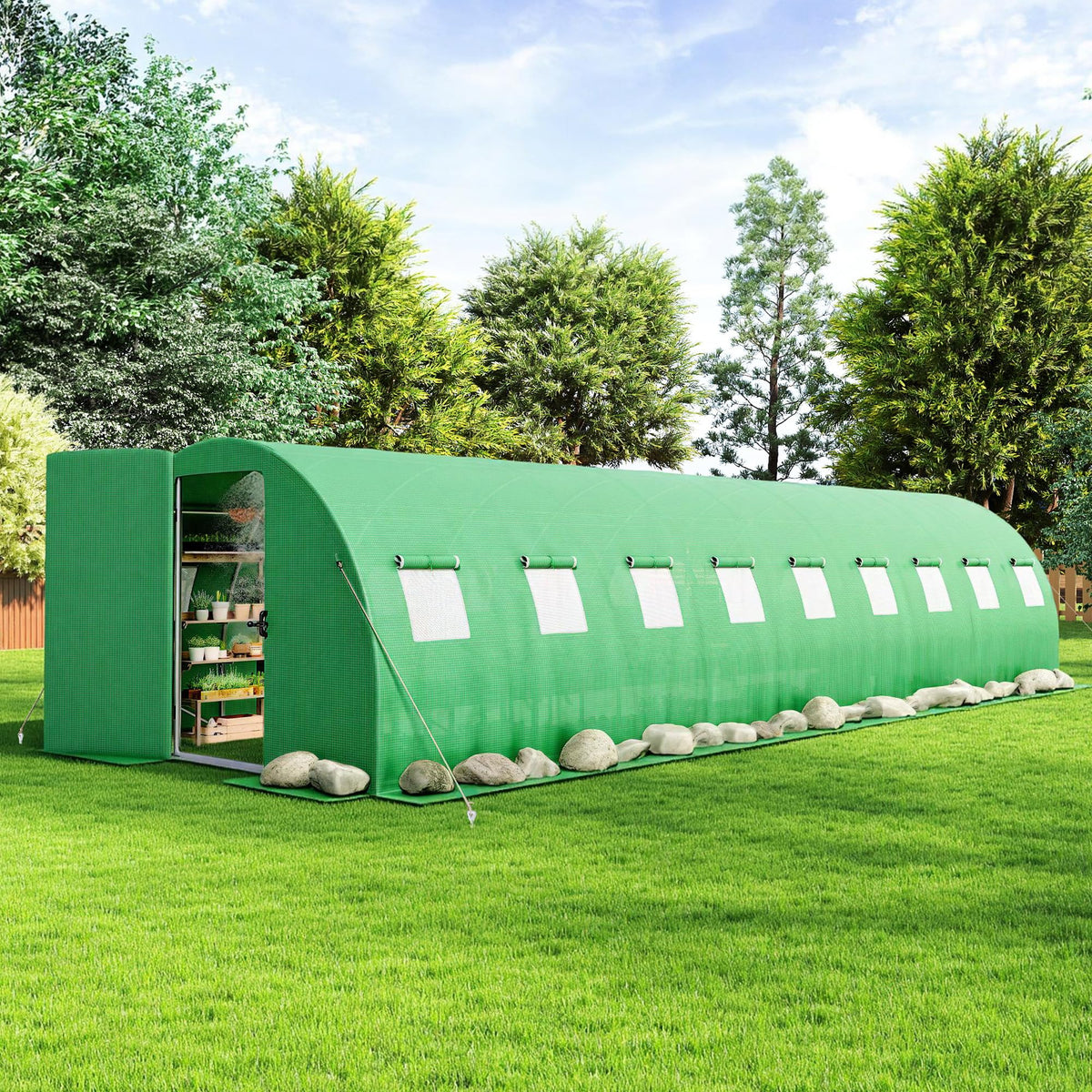 AMERLIFE 30×10 FT Tunnel Greenhouse with Built-in Sprinkler System, Walk-in Greenhouse for Backyard Gardening, Heavy Duty Galvanized Steel Frame & Waterproof PE Cover, Green