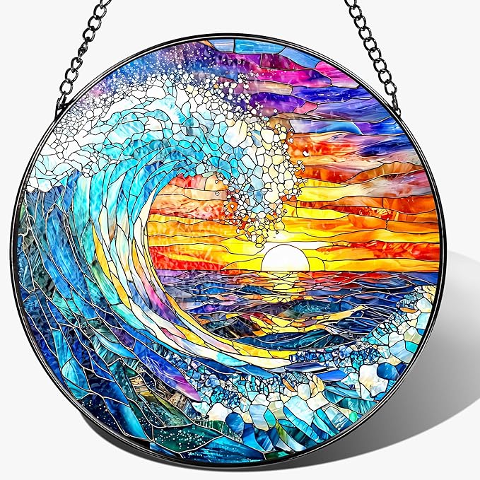 Stained Glass Window Hanging, Pauyadu 8 Inch Sea Waves Stained Glass Suncatcher, Sunset on The Beach Window Decor, Gift for Beach Lovers, Natural Gifts, Christmas, Mother's Day, Housewarming Gifts