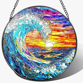 Stained Glass Window Hanging, Pauyadu 8 Inch Sea Waves Stained Glass Suncatcher, Sunset on The Beach Window Decor, Gift for Beach Lovers, Natural Gifts, Christmas, Mother's Day, Housewarming Gifts