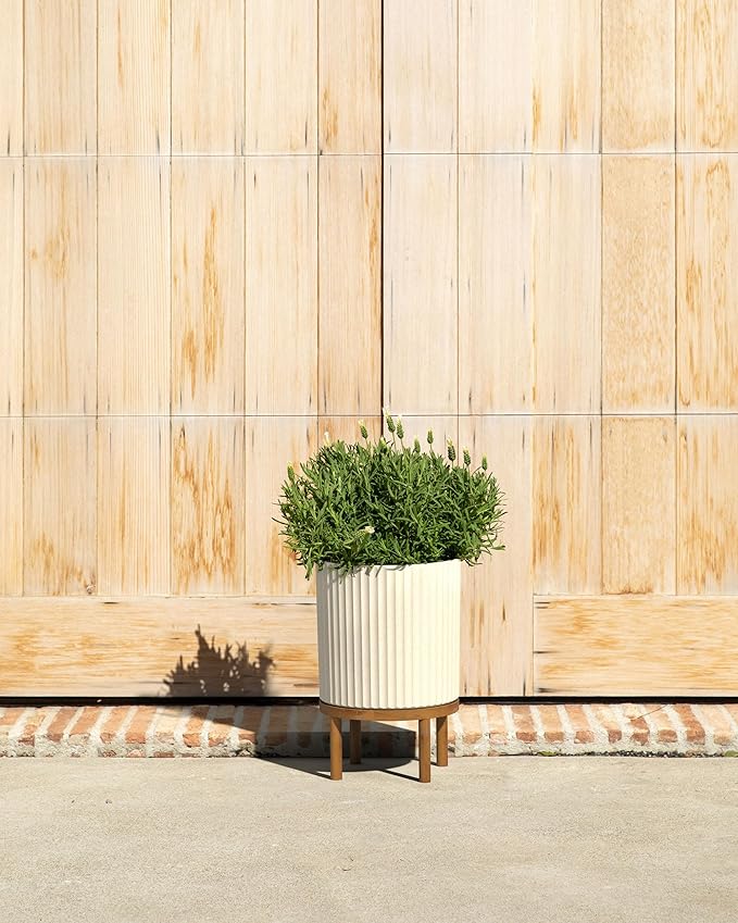 Veradek Demi Series Round Planter w/ Stand for Porch/Patio | Durable Plastic-Concrete & Wooden Stand | Modern Décor for Tall Plants, Flowers