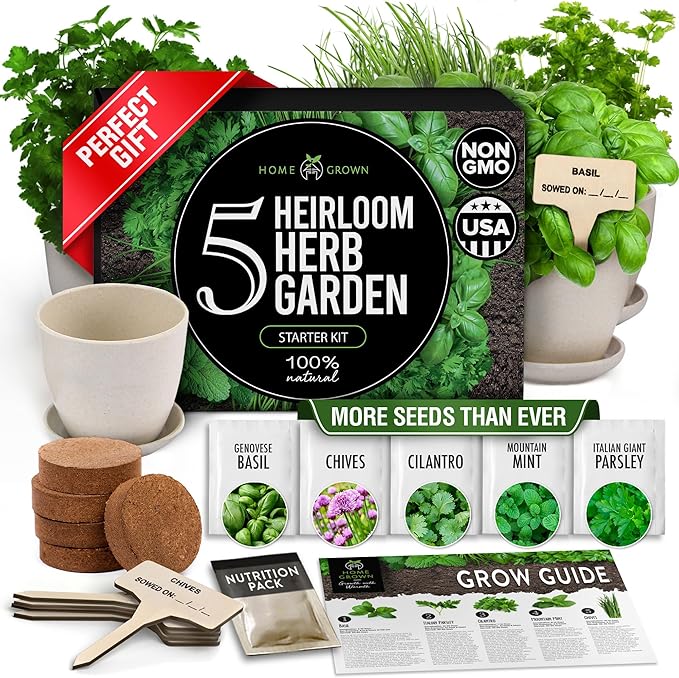 HOME GROWN Indoor Herb Garden Starter Kit – Complete 5 Herb Grow Kit with Basil, Cilantro, Mint, Parsley & Thyme – for Gardeners, Unique Christmas Gardening Gift for Mom, Women & Men