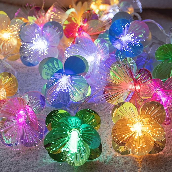 YOLIGHT Fiber Optic Flower String Lights Battery Operated with Timer, 6.5ft 10 LED Colorful Flower Garland Light Fairy Decor Lights for Room Table Wedding Christmas Easter Décor (Multi-Color)
