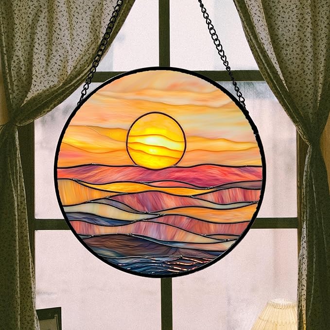 HWRHTR Stained Glass Window Hanging, Orange Sunrise Suncatcher Diamond Glass Panel Hangings Scenery Sun Catchers Decor for Birthday for Women, Men, Wife, Aunt, and Mom 6.3x6.3 in