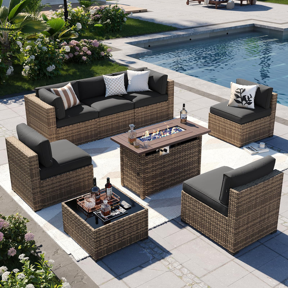 Aoxun Patio Furniture Sets, 8-Piece Outdoor Patio Furniture with 44'' Propane Gas Firepit Table, Wicker Outdoor Conversation Set Sectional Sofa for Backyard, Poolside, Garden (Black Cushion)
