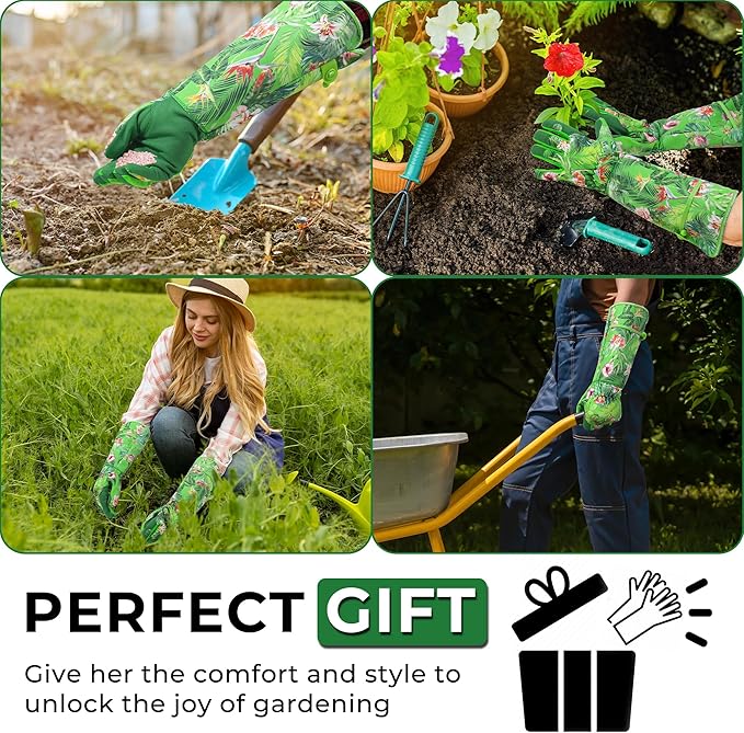 HANDLANDY Women Gardening Gloves, Scratch Resistant Breathable Ladies Rose Pruning Long Gauntlet Floral Print Garden Yard Gloves, Gift for Gardeners (Green, XL)