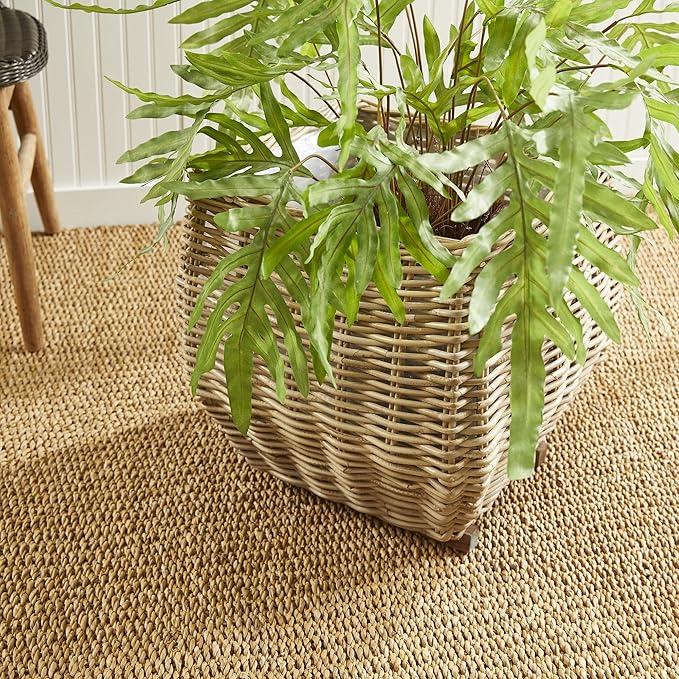 MY SWANKY HOME Elegant Curved Square Natural Rattan Planters with Liners Floor Baskets