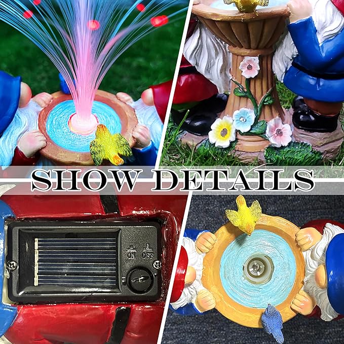 Gnome Statue Solar Garden Decor with LED Lights, Resin Gnomes Figurine and Colour Changing Optical Fiber Solar Light,Outdoor Decorations for Balcony, Patio, Yard, Lawn, Gifts for Women