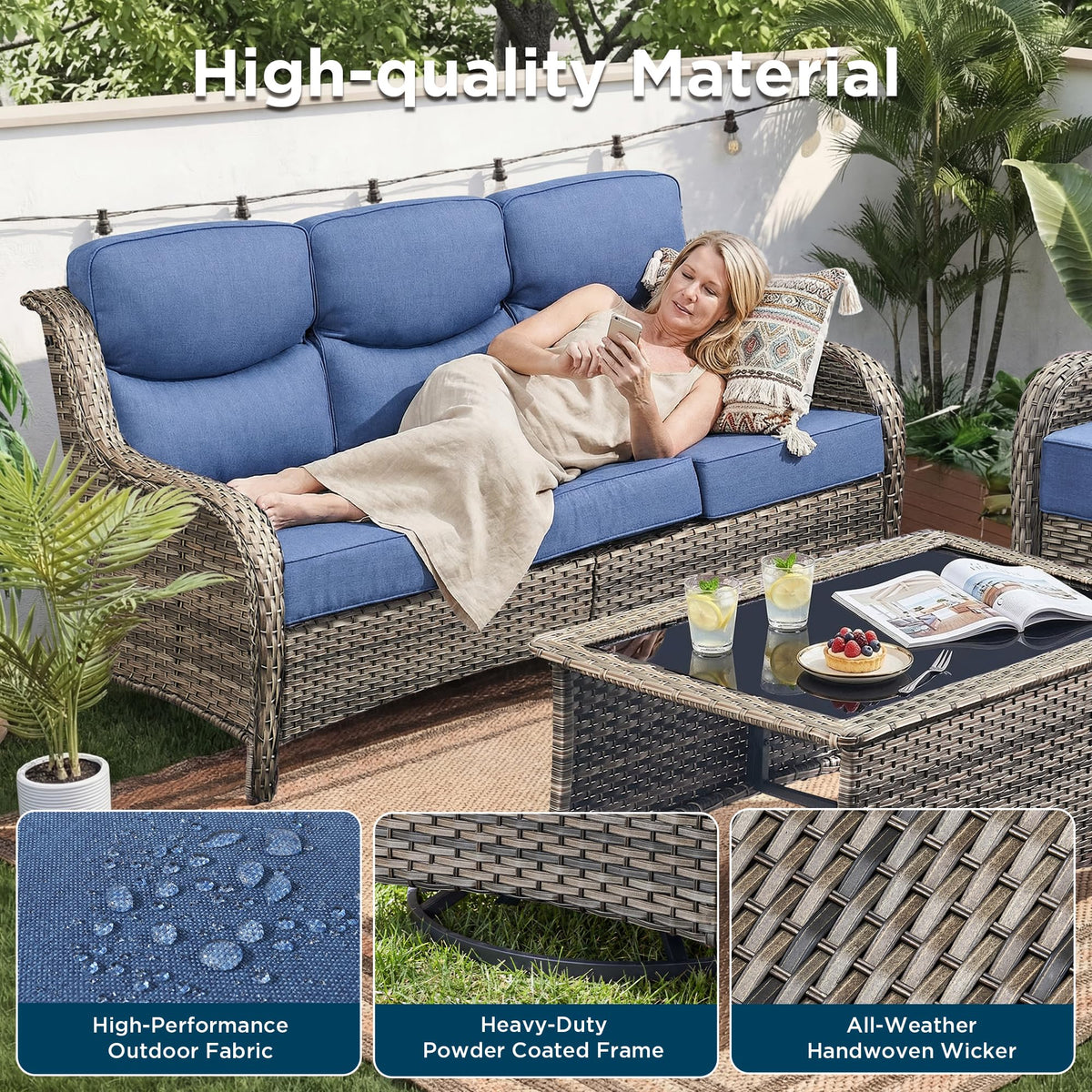 Luxury 8 Pieces Outdoor Patio Furniture Set-All Weather Wicker Swivel Rocker Patio Chairs with 6" Thick Cushion Rattan Sofa Coffee Table, Outdoor Conversation for Garden Porch Backyard(Grey/Blue)