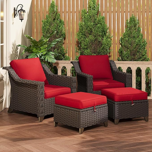 4 Pieces Patio Conversation Furniture Set - 2 Chairs with Ottomans Set of 2, Outdoor Wicker Armchairs with Water-Resistant and Washable Cushions for Porch, Balcony, Sunroom (Red)