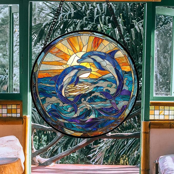 DASTOLL Stained Glass Window Hanging, Blue Dolphin Sun Catchers Colorful Glass Panel Sunrise Sea View Suncatcher Decor for Birthday for Women, Men, Wife, Aunt, and Mom 14.9x14.9 in