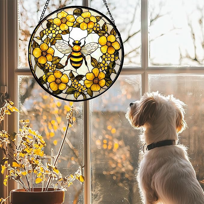 Stained Glass Window Hanging - Yellow Flowers Surrounded by Bees Sun Catcher for Door Garden Home Decor Cute Suncatcher Christmas Mother's Day Birthday Gifts for Women Men Mom Nana 7.8 in