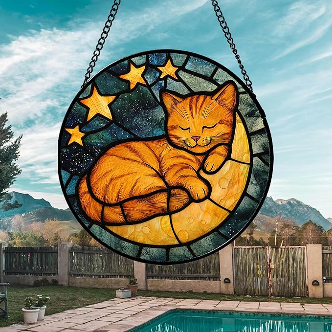 Stained Glass Window Hanging - Orange Cat Sun Catcher for Door Home Decor Stars and Moon Suncatcher Christmas Mother's Day Birthday Loss of a Pet Gifts for Women Men Mom Nana 6.3 in