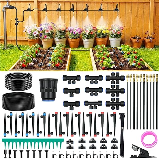 Drip Irrigation Kit, DIY Automatic Garden Watering System with Push-Fit Connectors, 2026 New Upgraded Water-Saving Design, 3 Adjustable Nozzles for Yard, Greenhouse, Lawn & Potted Plants (100FT)