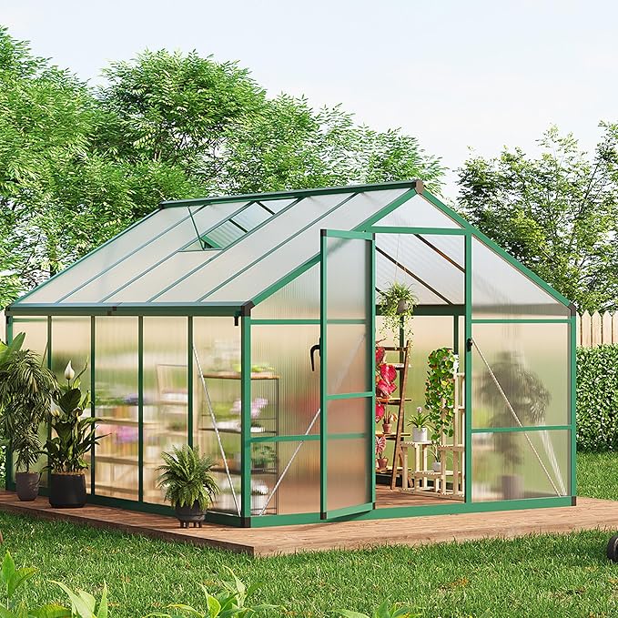 8X10 FT Greenhouse for Outdoors, Large Walk-in Polycarbonate Greenhouse Kit, Aluminum Frame, Lockable Door, Roof Vent, Ground Spikes, for Garden, Patio, Backyard, Outdoor Plant Growth